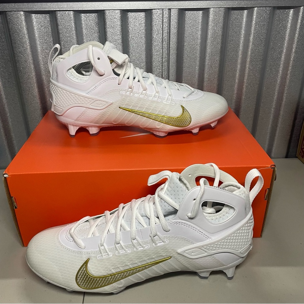 Nike Huarache 9 Elite Mid LAX White Metallic Vivid Gold Size 9.5 FD0088-100 NEW
